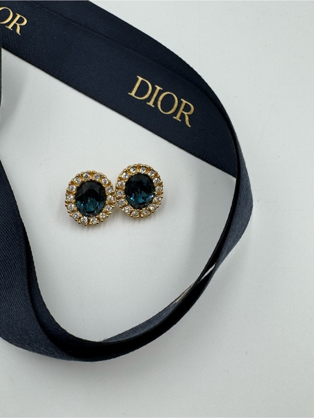 Dior Gold with Blue Center & Crystal Halo Earrings - COA
